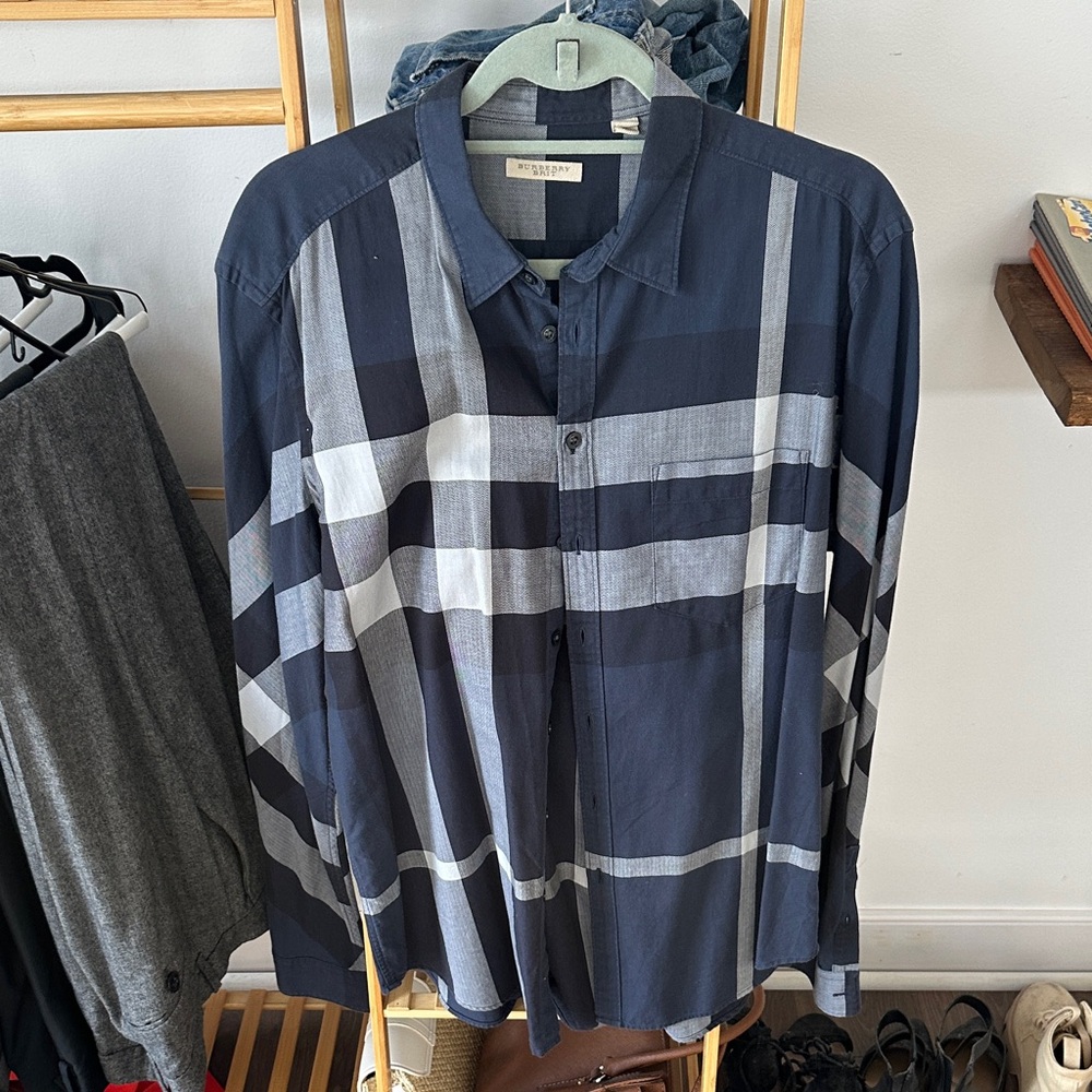 Burberry Navy and Gray Plaid Casual Button Down Shirt